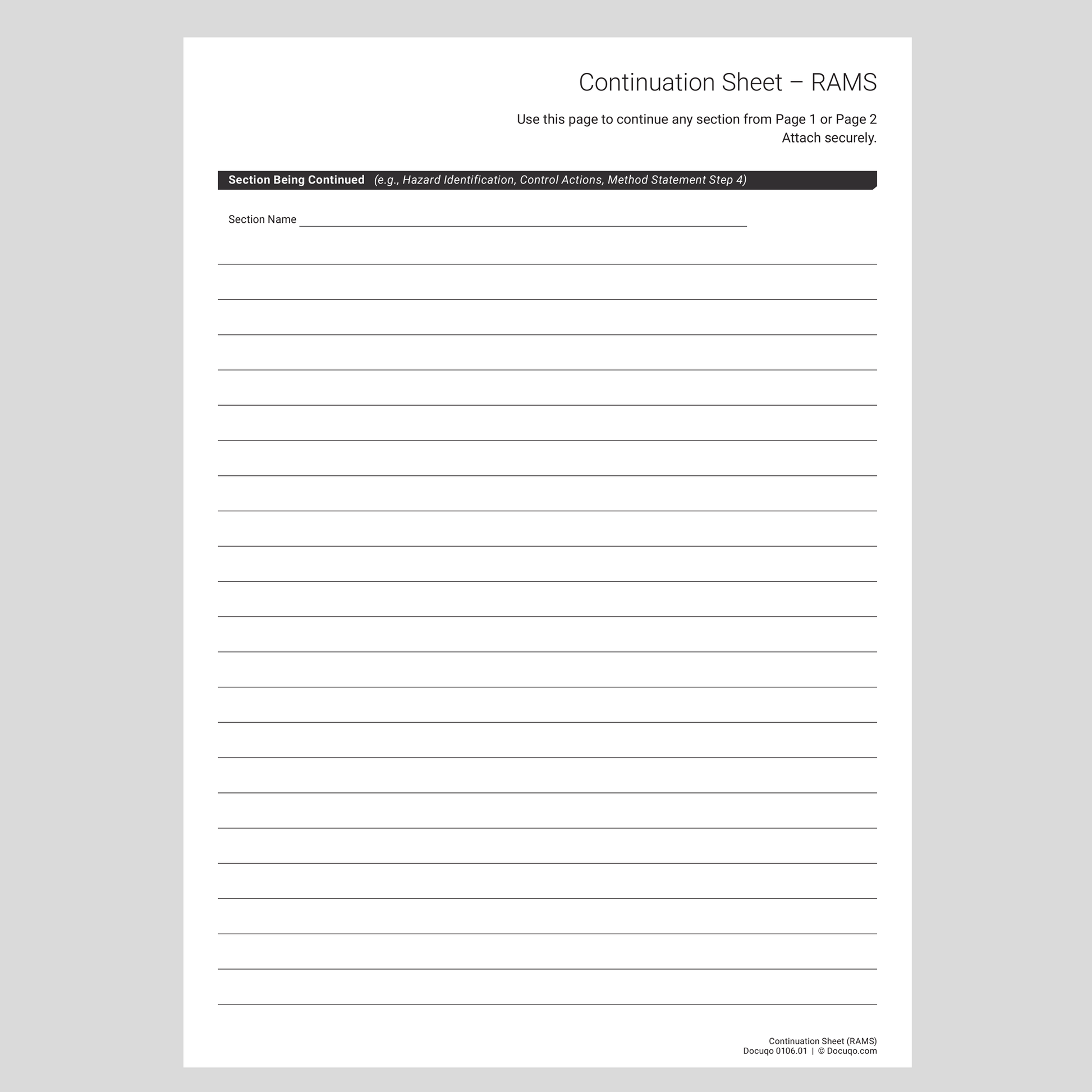 RAMS continuation sheet PDF for additional hazards and controls