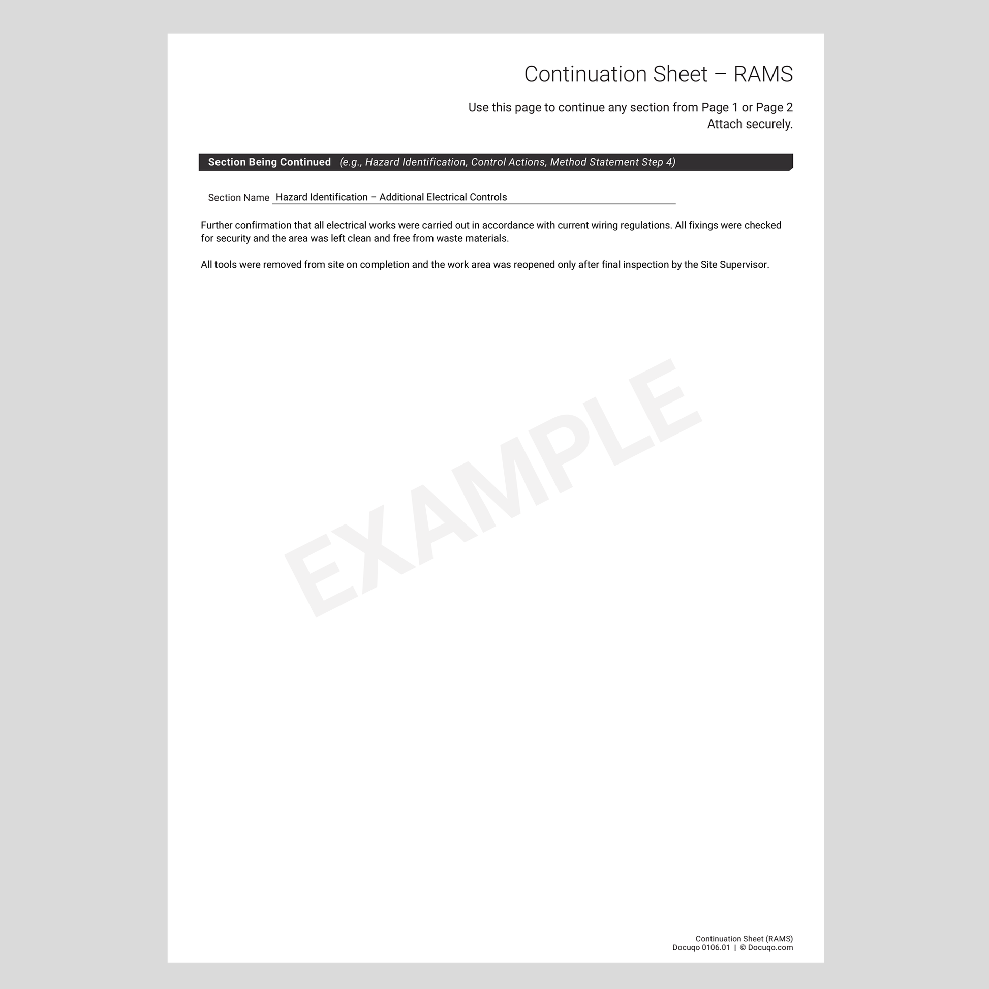 RAMS continuation sheet EXAMPLE PDF for additional hazards and controls