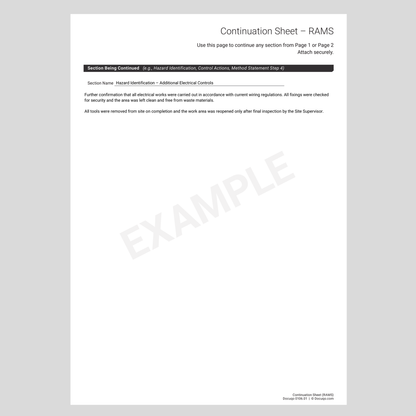 RAMS continuation sheet EXAMPLE PDF for additional hazards and controls