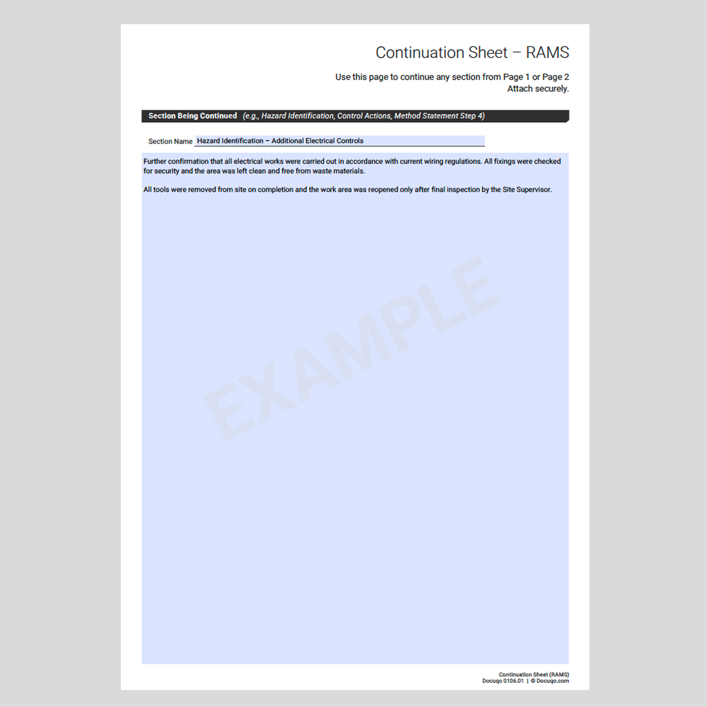 RAMS continuation page for extending risk assessment or method statement