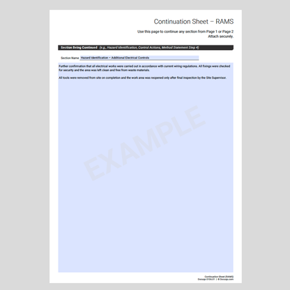 RAMS continuation page for extending risk assessment or method statement