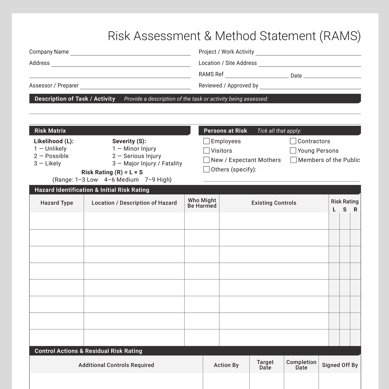 Initial Risk Assessment Before R Modification Risk Assessment & Method Statement (RAMS) Template UK | Docuqo 0106