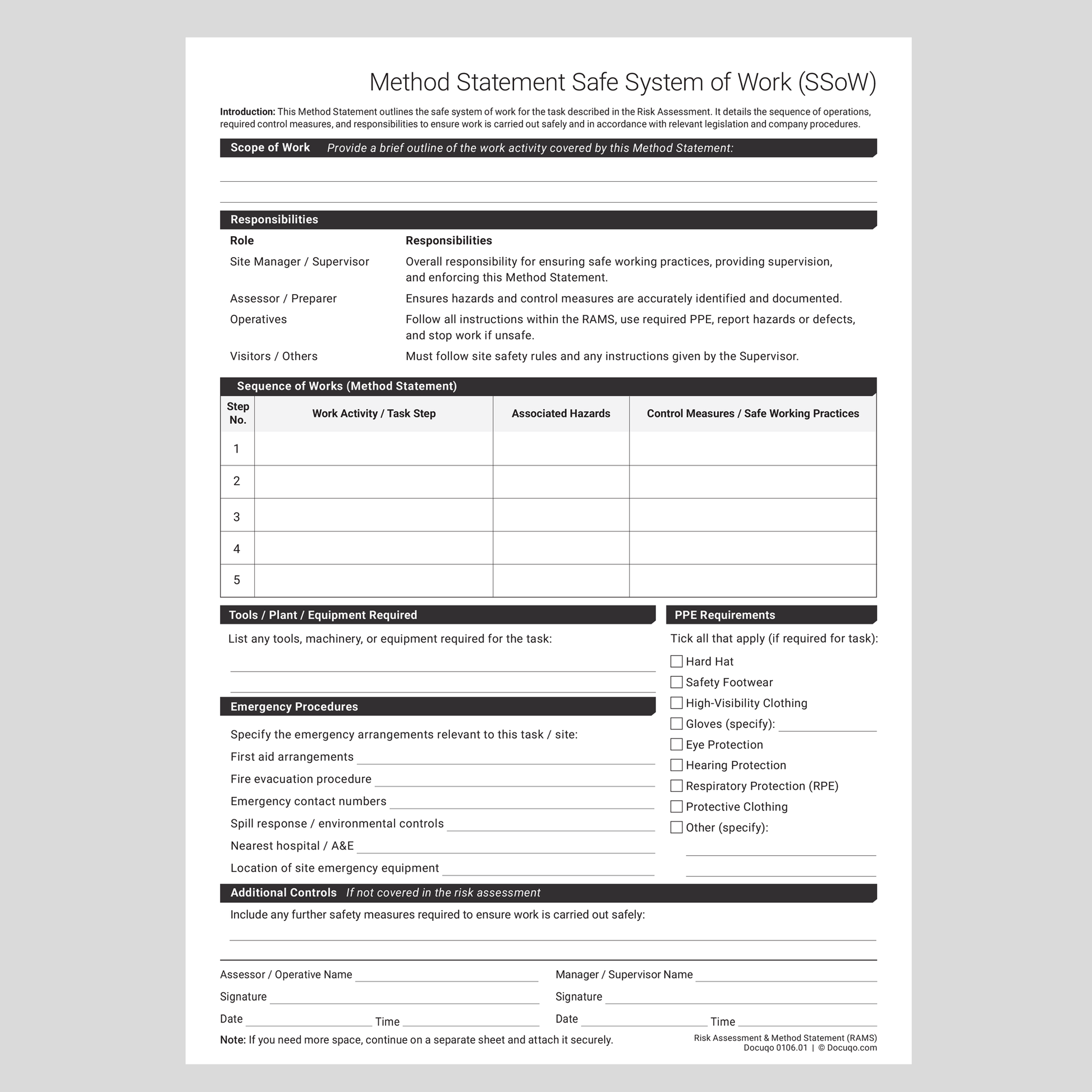 Printable RAMS form UK for site files and client submissions