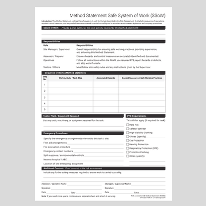 Printable RAMS form UK for site files and client submissions