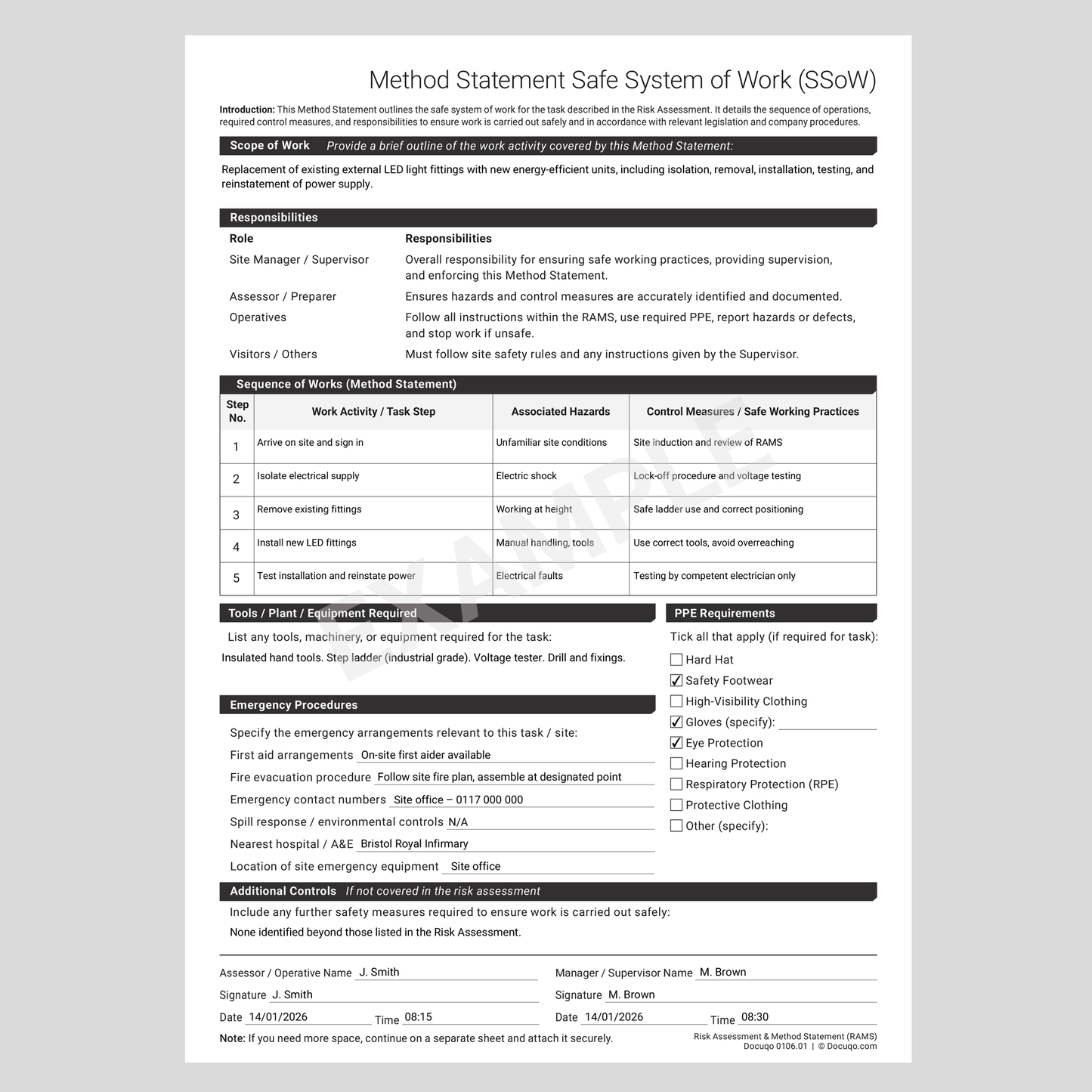 Example completed RAMS risk assessment and method statement (UK)
