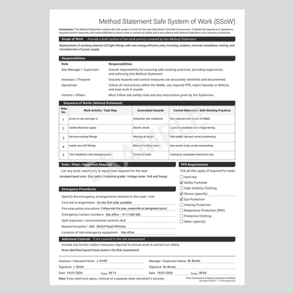 Example completed RAMS risk assessment and method statement (UK)