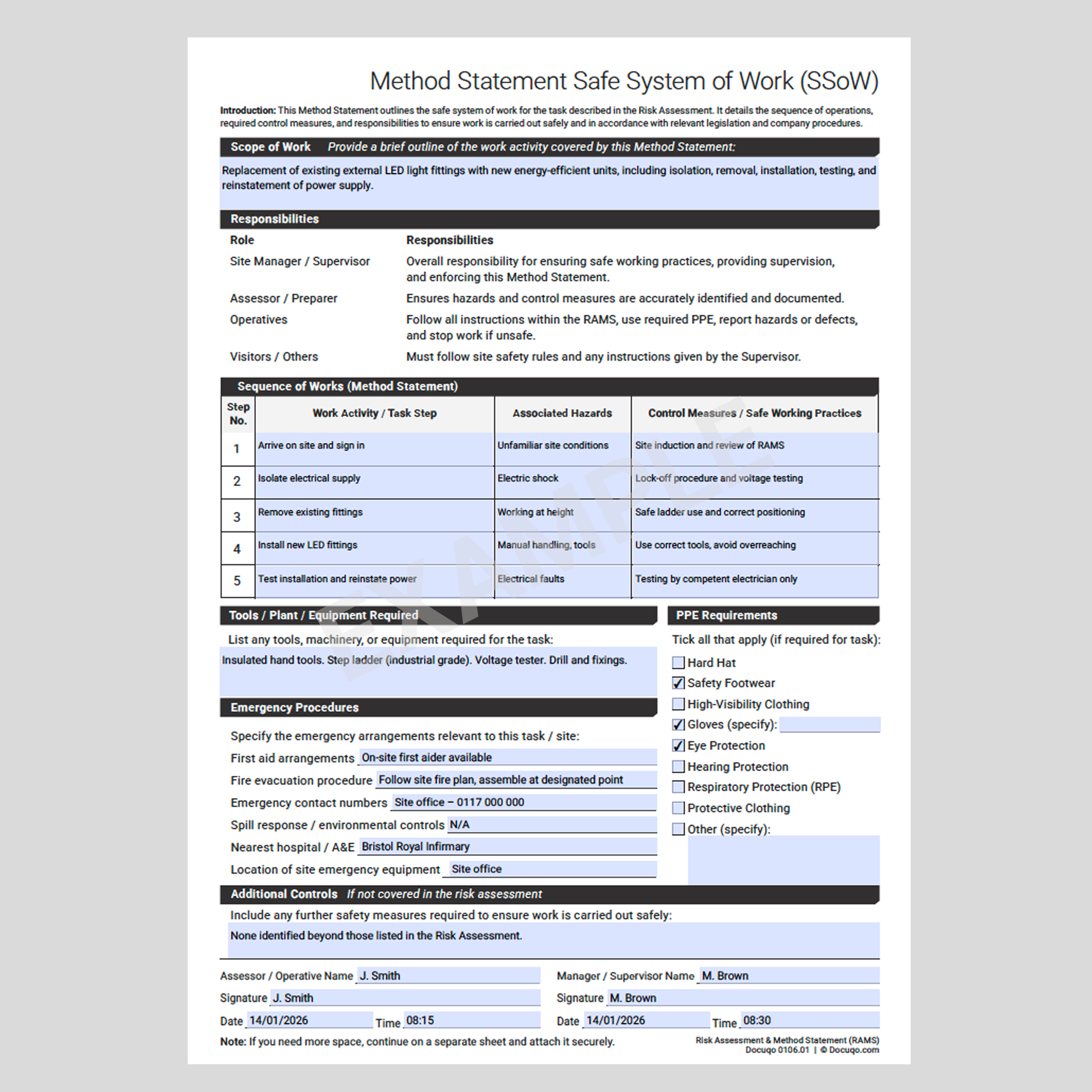 Method Statement safe system of work template UK – A4 PDF FILLABLE