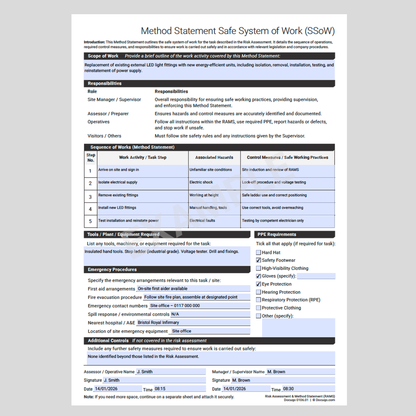 Method Statement safe system of work template UK – A4 PDF FILLABLE
