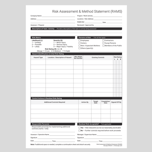 Professional RAMS documentation template aligned with UK HSE expectations