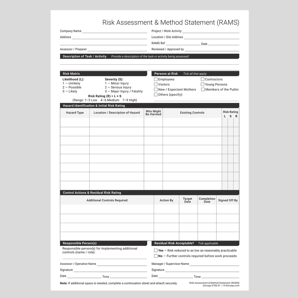 Risk Assessment & Method Statement (RAMS) Template UK | Docuqo 0106