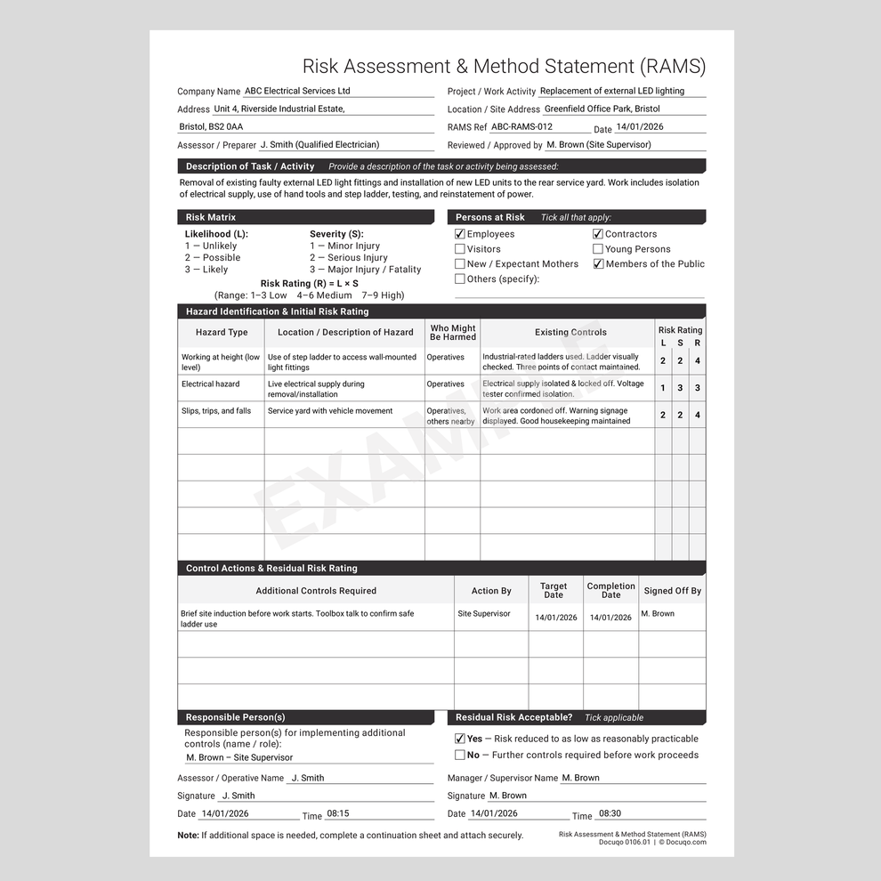 Typical Rams Example Risk Assessment & Method Statement (RAMS) Template UK | Docuqo 0106