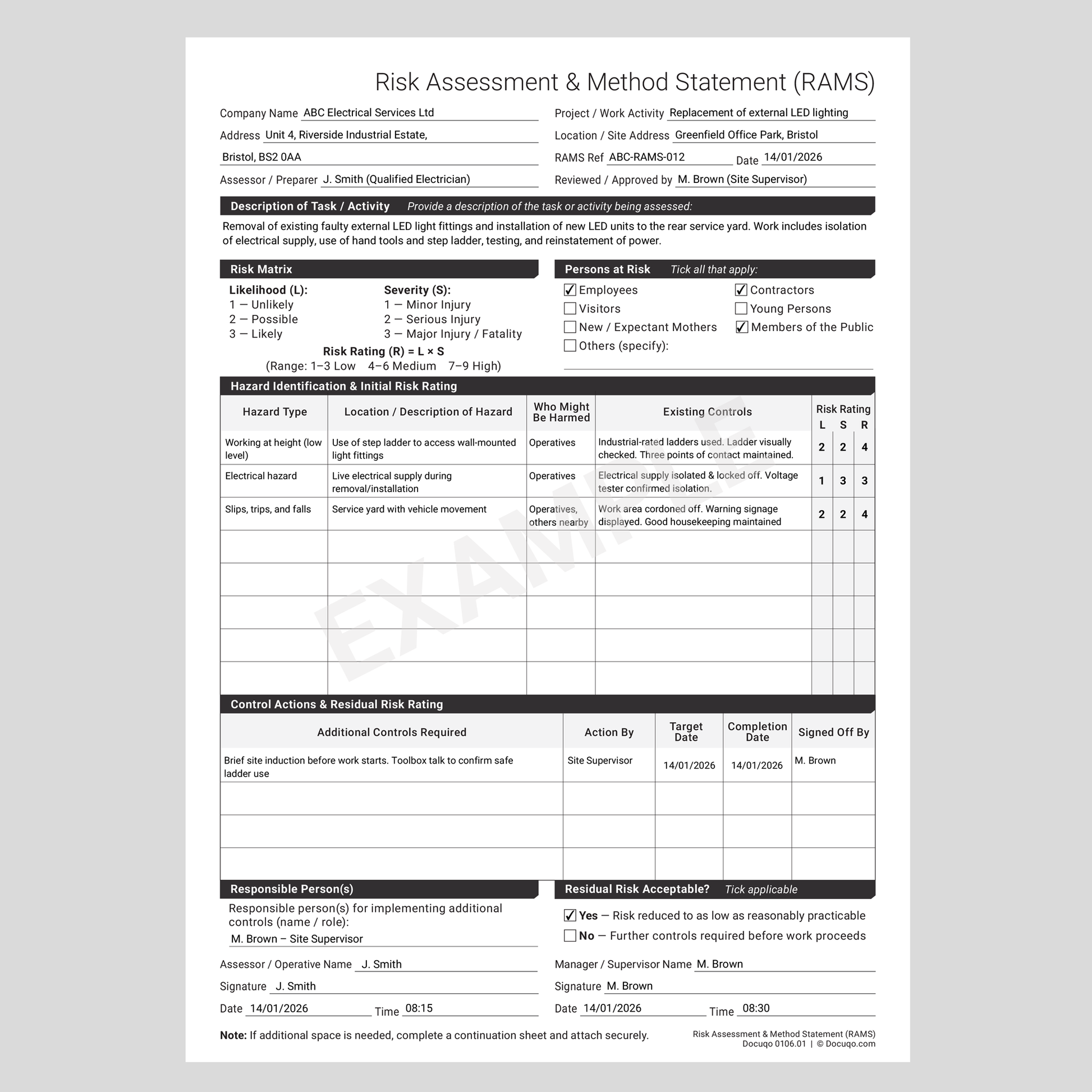 Combined risk assessment and method statement template UK (RAMS)
