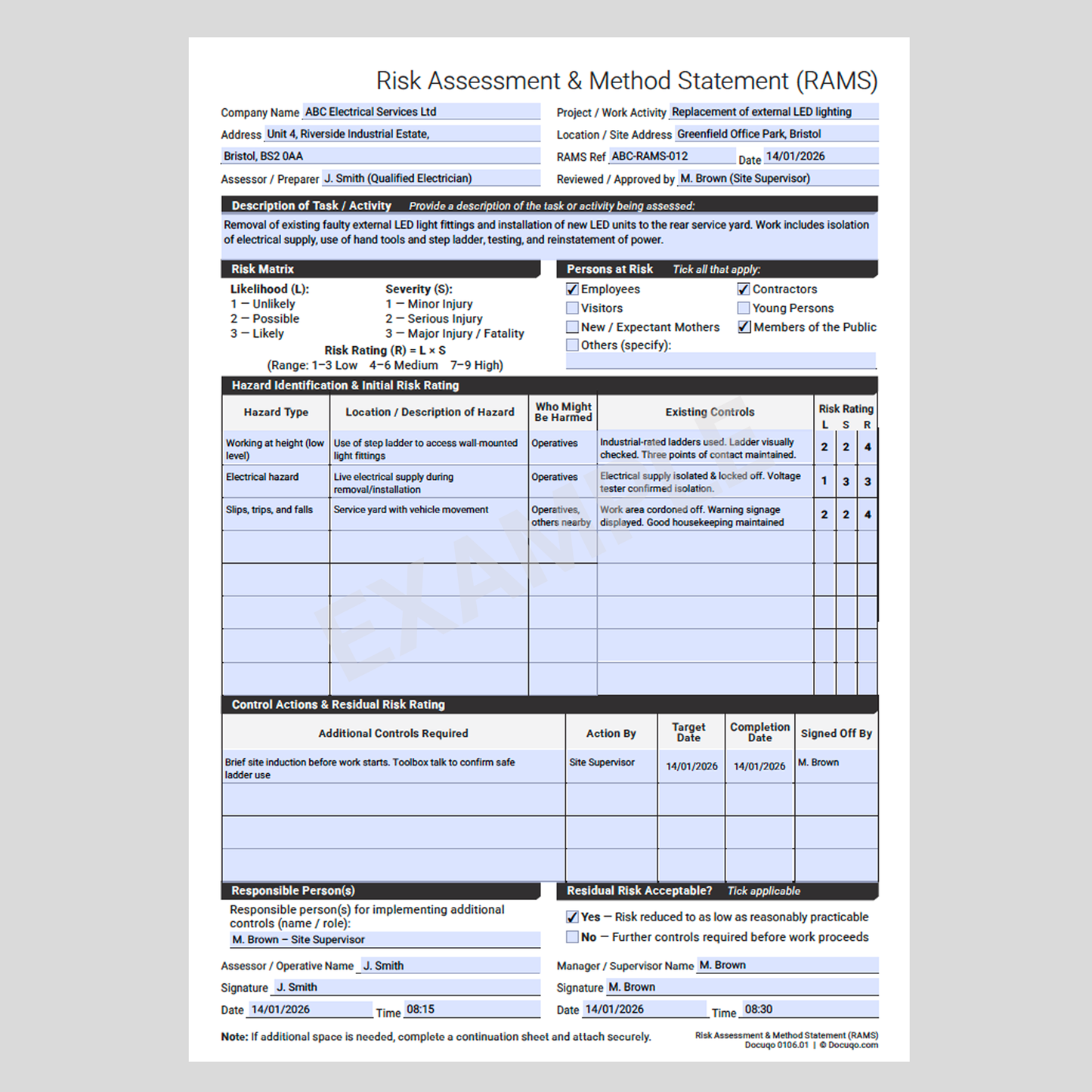 Fillable RAMS template PDF for risk assessment and method statement