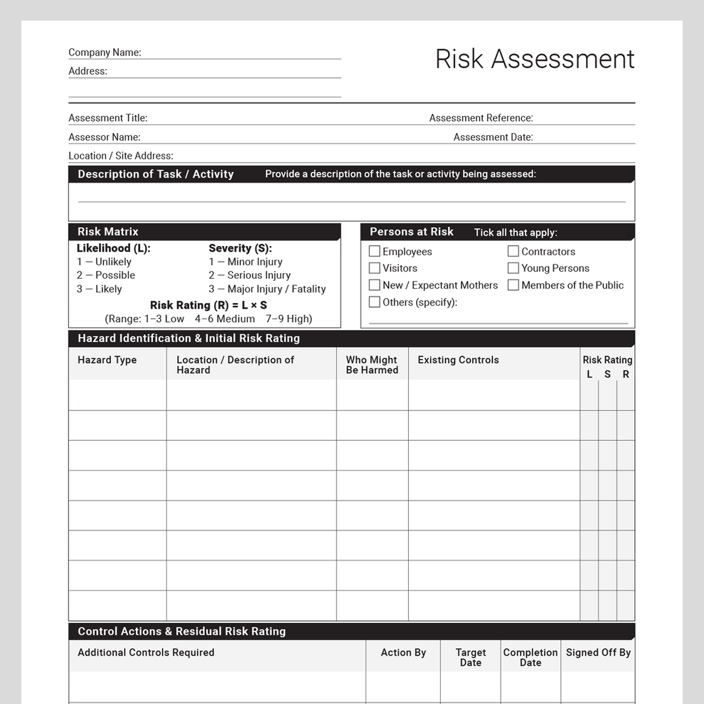 Sample Systemic Risk Assessment Report Risk Assessment Template (UK) – Editable PDF | HSE-Aligned Form – Docuqo