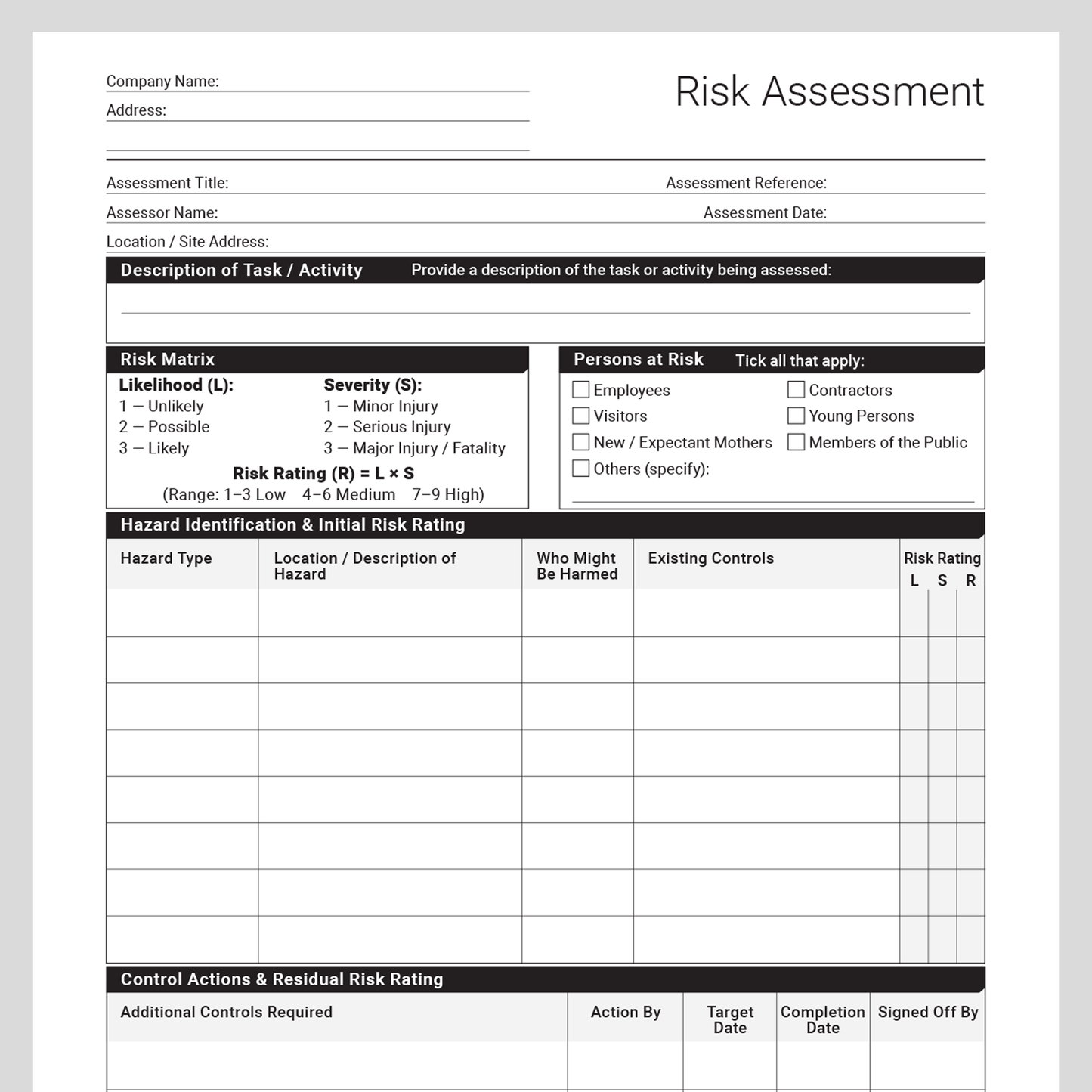 Risk Assessment PDF Template – Blank Fillable Layout (Docuqo 0103)