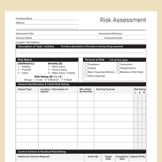 Risk Assessment PDF Template – Blank Fillable Layout (Docuqo 0103)