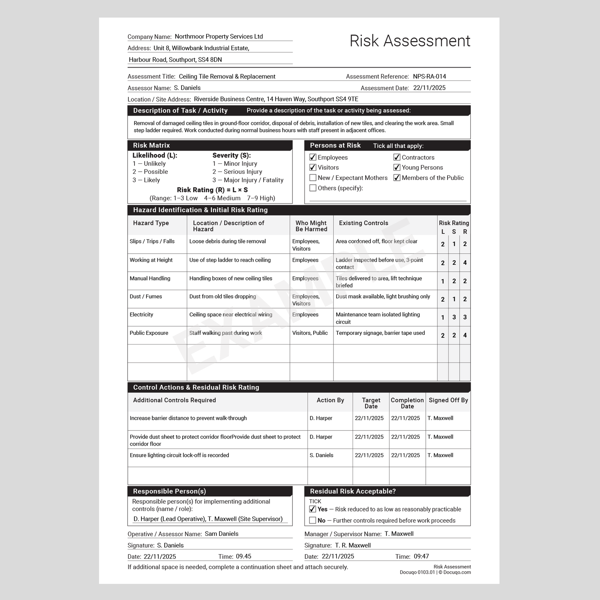 Workplace Risk Assessment Template UK – Docuqo 0103 (Example Completed Form)