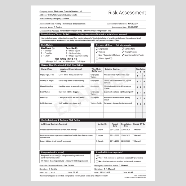 Risk Assessment Template (UK) – Editable PDF | HSE-Aligned Form – Docuqo