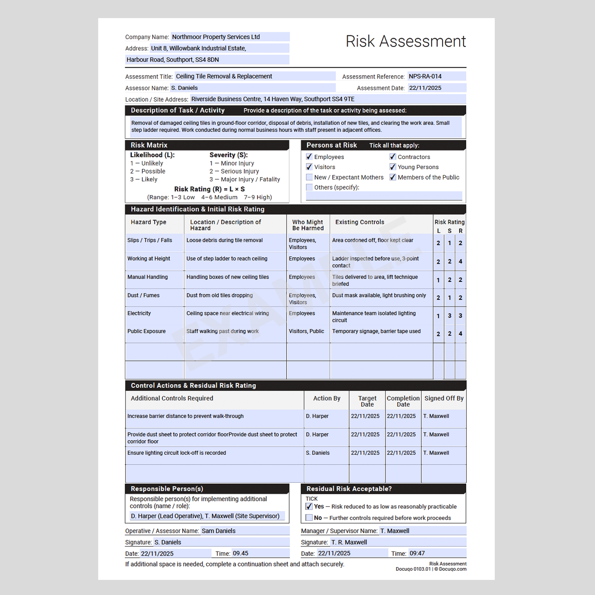 Risk Assessment Template (UK) – Editable PDF | HSE-Aligned Form – Docuqo