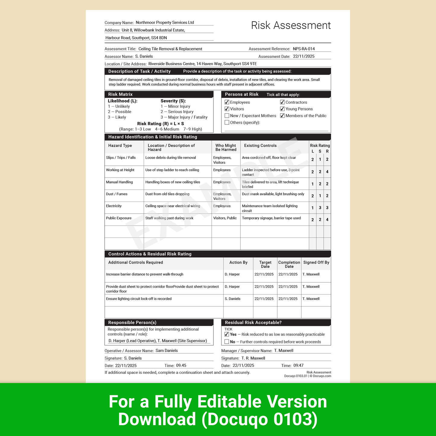 Free Sample Risk Assessment Template (UK, Preview PDF) – Docuqo 0098
