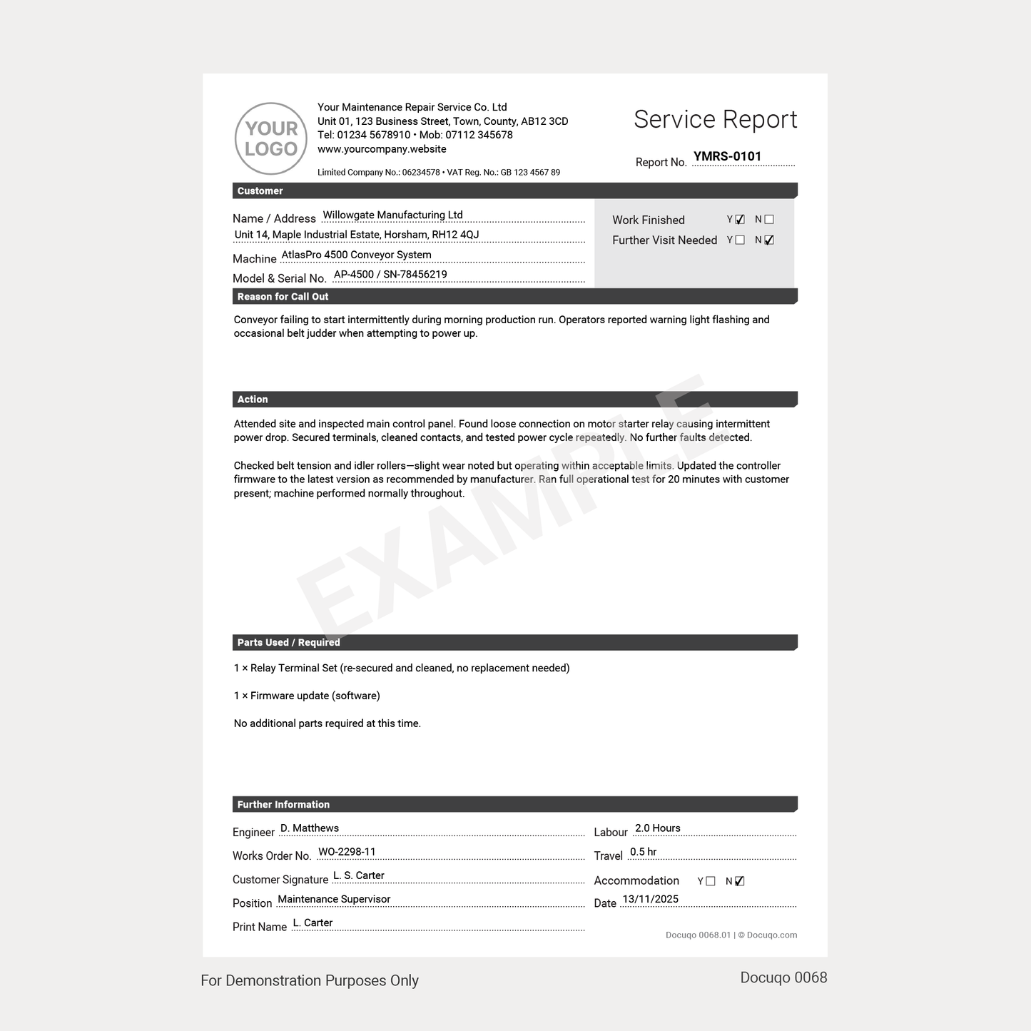 Service Report Template – Engineer Call-Out & Repair Form - FILLABLE PDF TEMPLATE (Docuqo 0068)