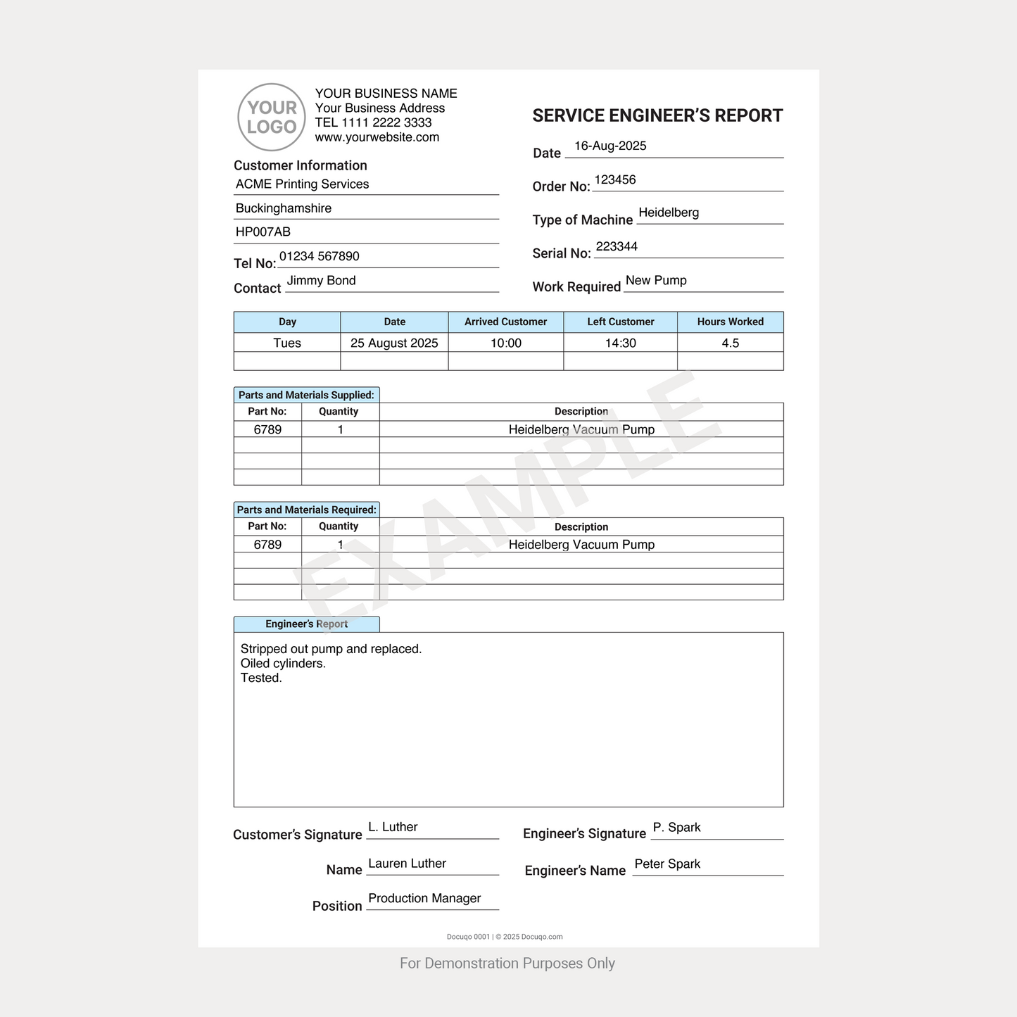 Service Engineer’s Report Template – Example filled out