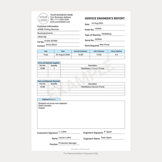 Service Engineer’s Report Template – Example filled out