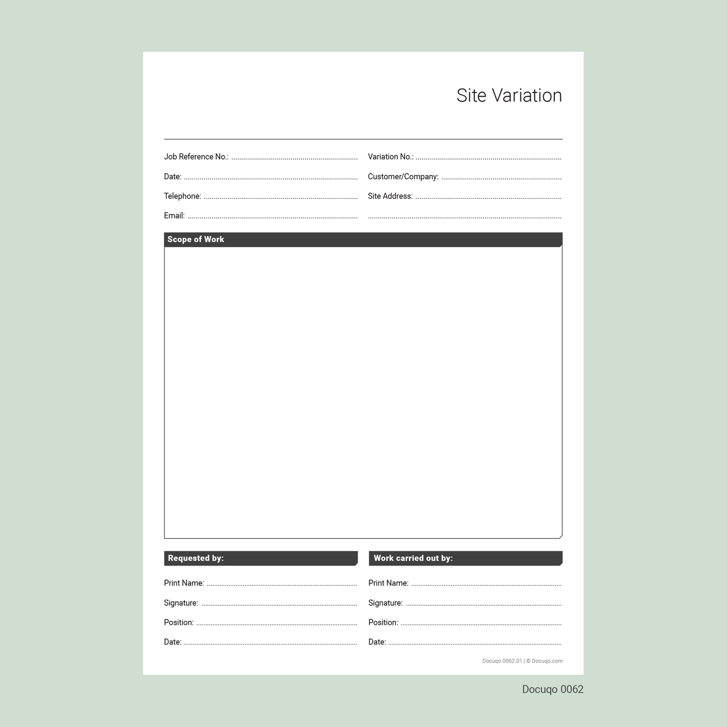 Blank Site Variation Form Template – Construction Change Authorisation Sheet (Docuqo 0062)