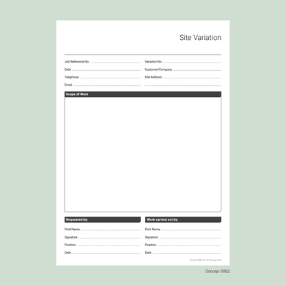 Blank Site Variation Form Template – Construction Change Authorisation Sheet (Docuqo 0062)