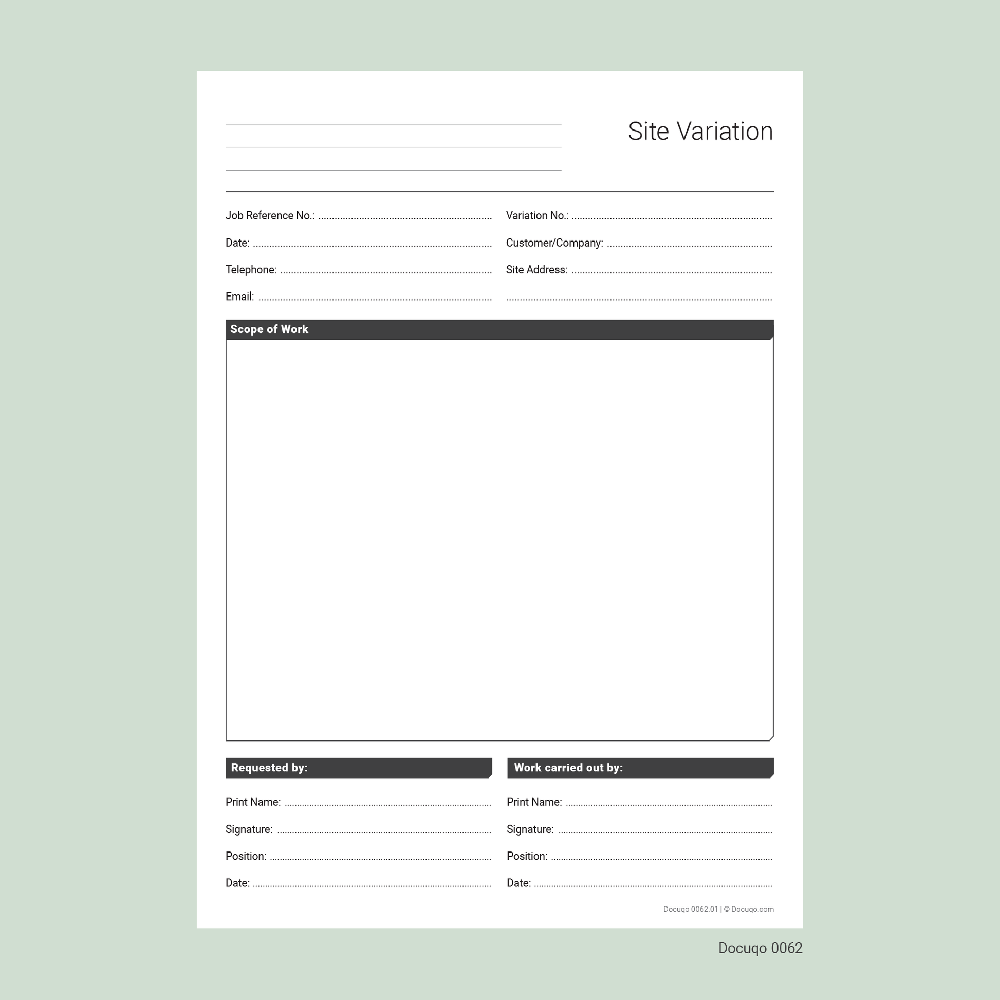 Site Variation Form Template – Construction Change Authorisation Sheet (Docuqo 0062) PDF DOWNLOAD