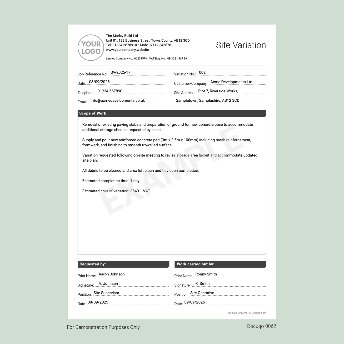 Example Site Variation Form for Construction Work Changes – Fillable A4 PDF (Docuqo 0062)