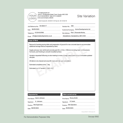 Example Site Variation Form for Construction Work Changes – Fillable A4 PDF (Docuqo 0062)