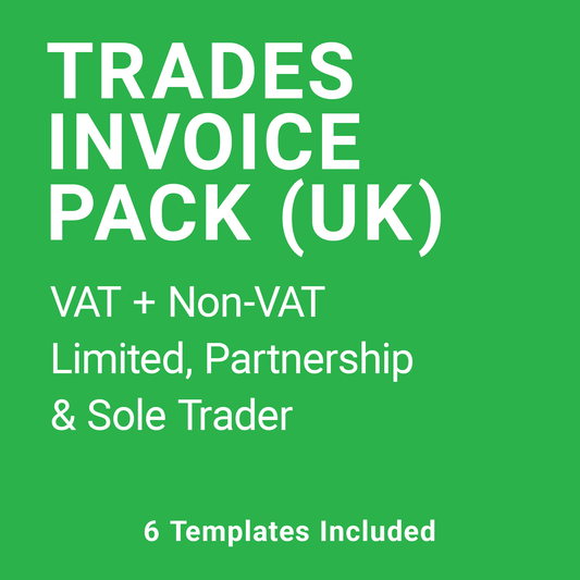 Trades Invoice Template UK Complete Pack – VAT & Non-VAT A4 Fillable PDFs for Ltd, Partnership & Sole Trader (Docuqo 0039)