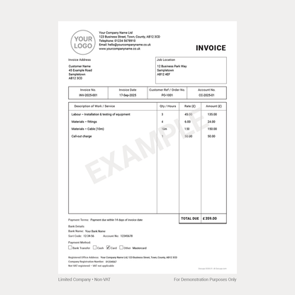 Trades Invoice Template UK Complete Pack – VAT & Non-VAT A4 Fillable PDFs for Ltd, Partnership & Sole Trader (Docuqo 0039)