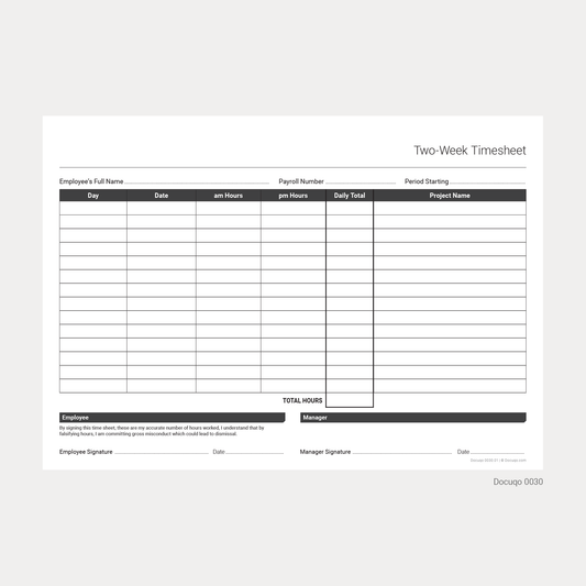 Blank Two-Week Timesheet Template – A4 Fillable PDF for UK Employees (Docuqo 0030)