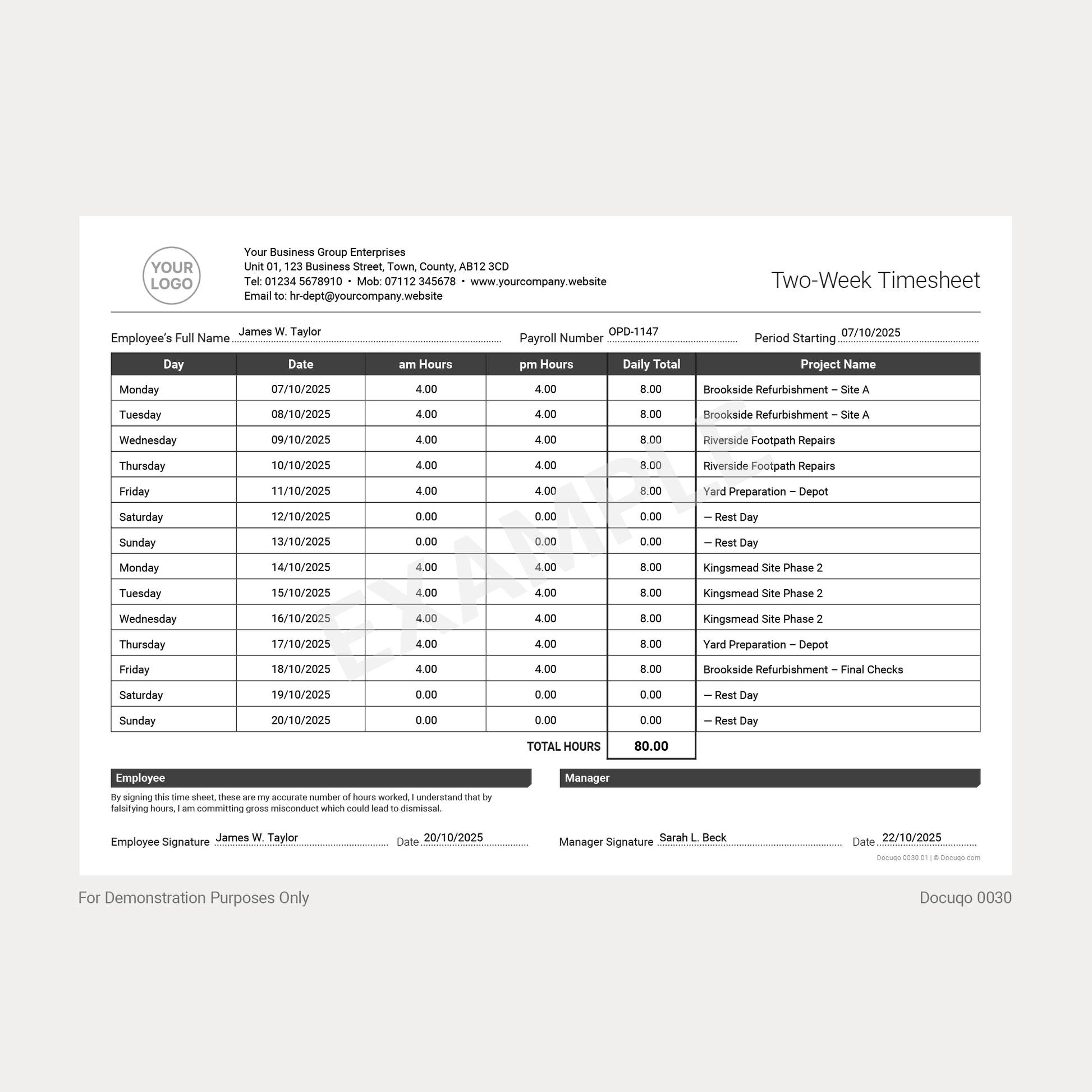 Example Two-Week Timesheet Template with Employee Hours (Docuqo 0030)