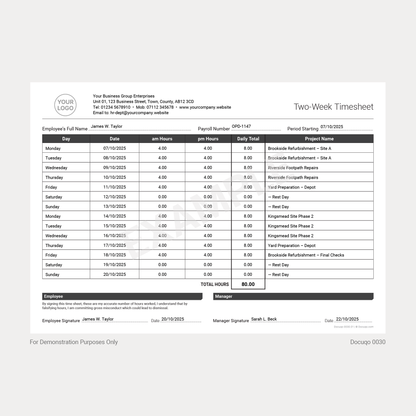 Example Two-Week Timesheet Template with Employee Hours (Docuqo 0030)