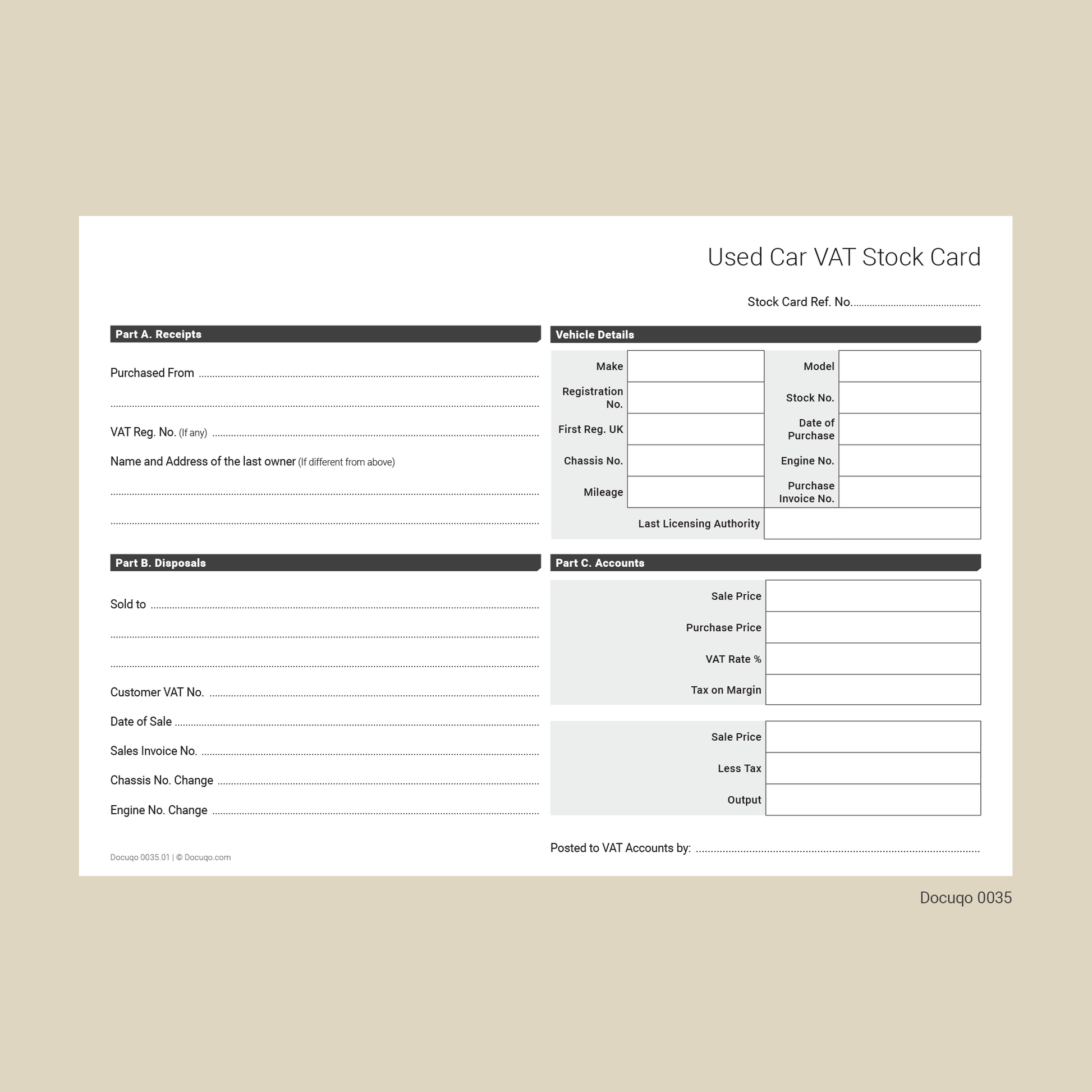 Blank Used Car VAT Stock Card Fillable PDF Template (Docuqo 0035)