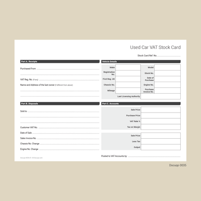Blank Used Car VAT Stock Card Fillable PDF Template (Docuqo 0035)