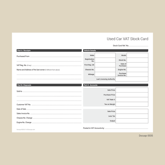 Blank Used Car VAT Stock Card Fillable PDF Template (Docuqo 0035)