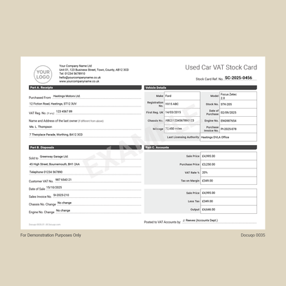 Example Used Car VAT Stock Card Template for UK Motor Trade (Docuqo 0035)