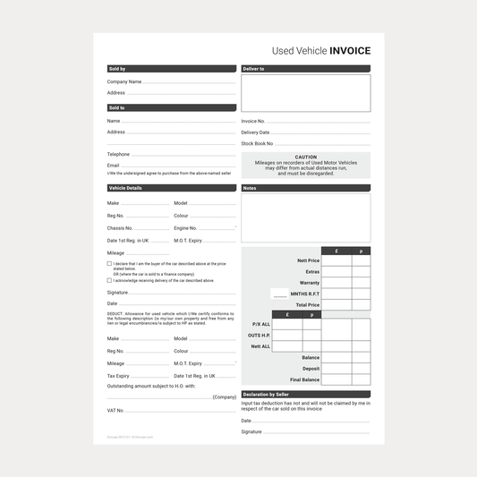 Used Vehicle Invoice Template – Fillable PDF A4 Download (Docuqo 0012)