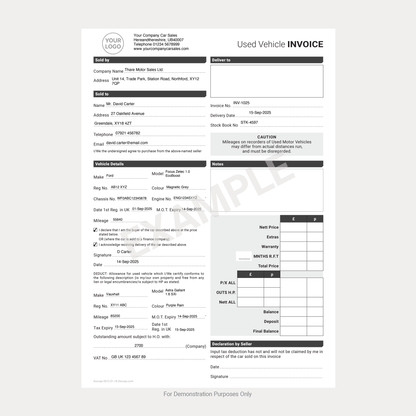 Used Vehicle Invoice Template – Fillable PDF A4 Download (Docuqo 0012)