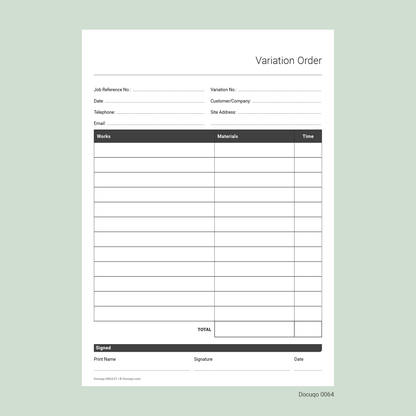 Variation Order Template (UK, A4 Fillable PDF) – Works, Materials & Time Record (Docuqo 0064)