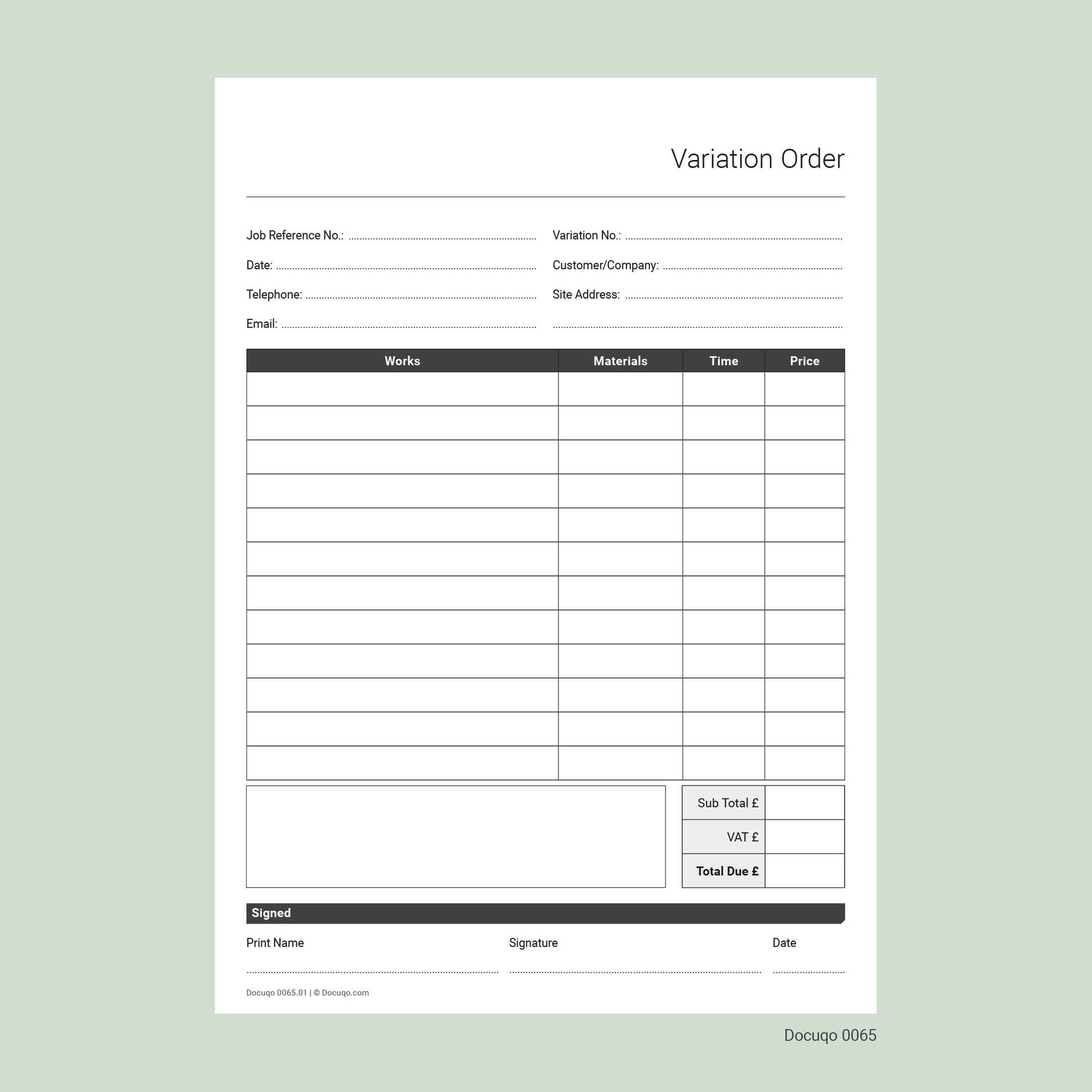 Blank Variation Order Template – Editable A4 PDF for Builders & Contractors (Docuqo 0065)