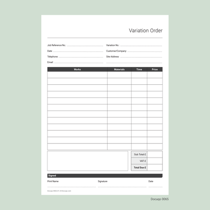 Blank Variation Order Template – Editable A4 PDF for Builders & Contractors (Docuqo 0065)