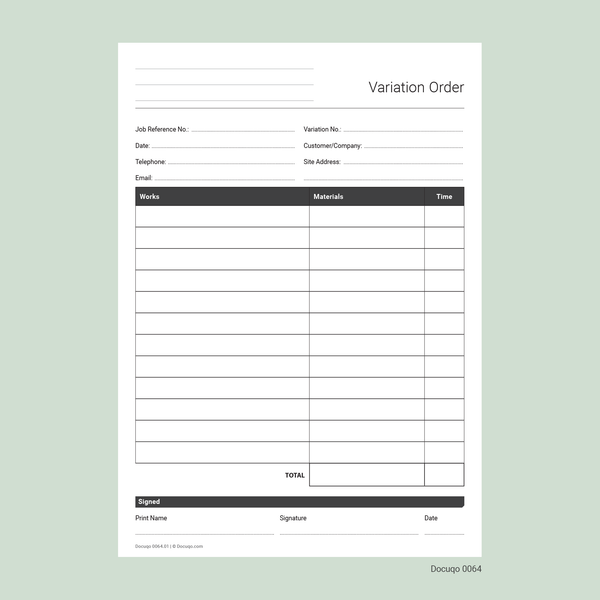 Sample Variation Order Request Variation Order Template (UK, A4 Fillable PDF) – Works & Materials – Docuqo