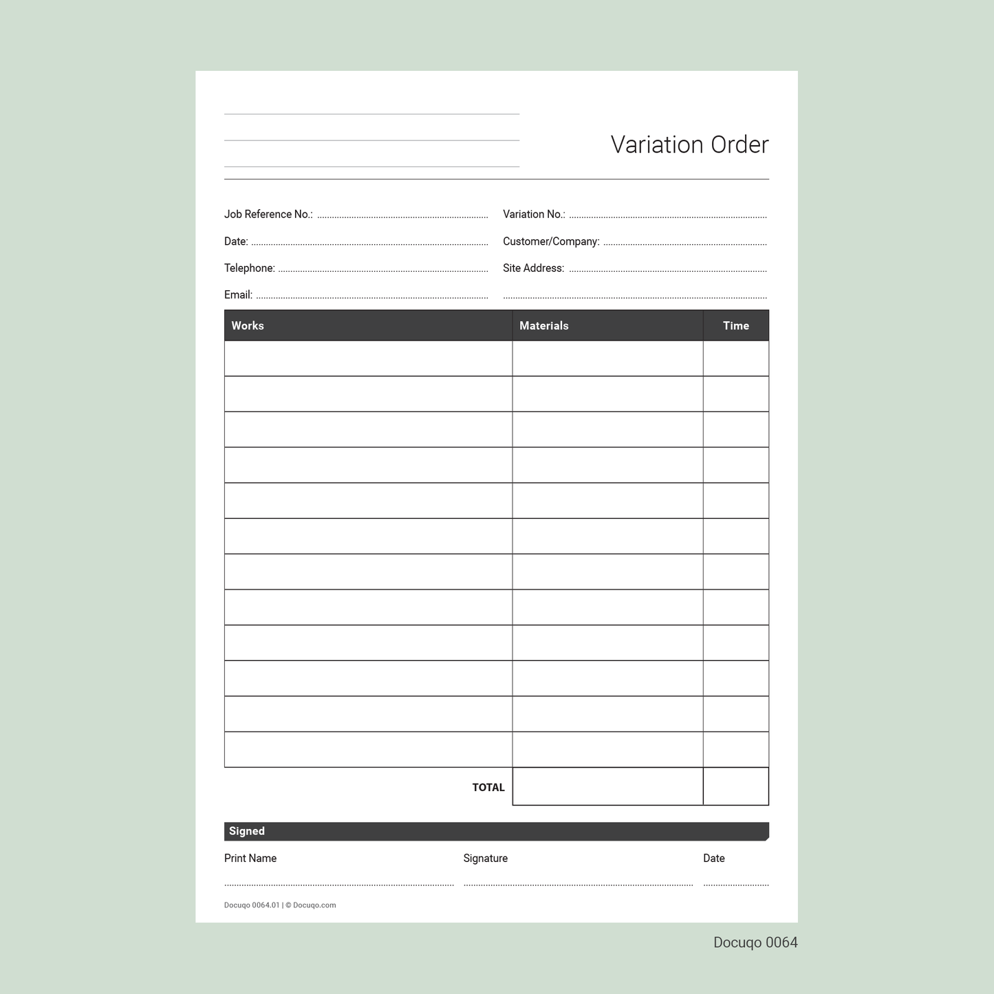 Variation Order Template (UK, A4 Fillable PDF) – Works, Materials & Time Record (Docuqo 0064)