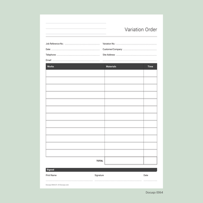Variation Order Template (UK, A4 Fillable PDF) – Works, Materials & Time Record (Docuqo 0064)