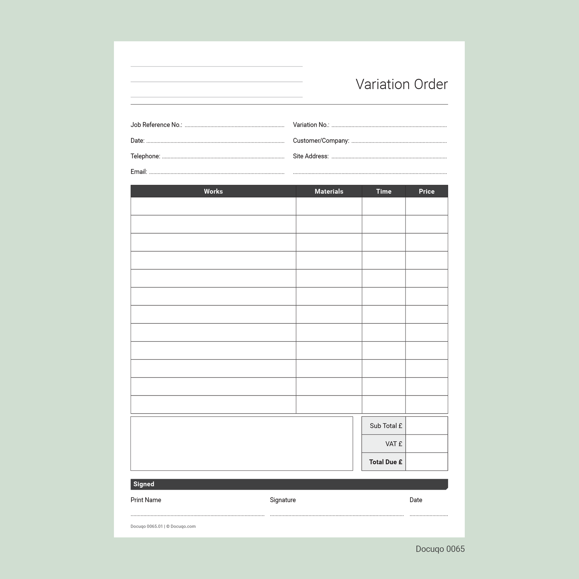 Fillable Variation Order Form – Works, Materials & Time Log Template (UK Docuqo 0065)